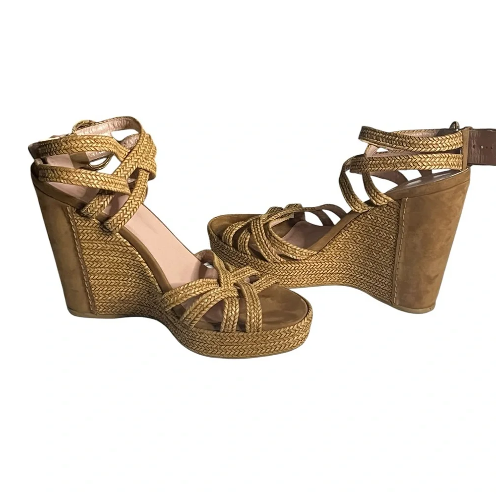 Stuart Weitzman Woven Espadrille Wedge Tan Sandals Size 9